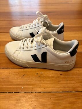 Veja White Leather Sneakers with Black V and Gold Heel Logo